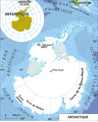 Carte de la calotte glaciaire de l'Antarctique telle qu'on la représente actuellement 
dans les atlas de géographie (1998 - Larousse).