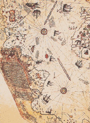 La carte géographique dessinée par l'amiral turc Piri Reis en 1513.